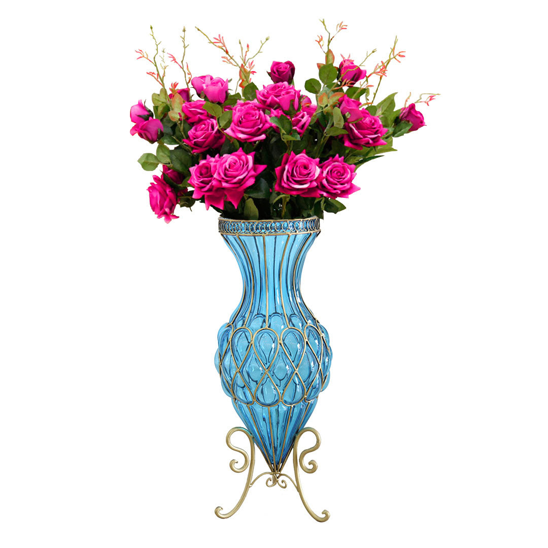 SOGA 67cm Blue Glass Tall Floor Vase and 12pcs Dark Pink Artificial Fake Flower Set