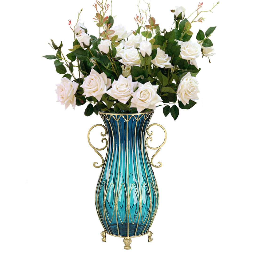 SOGA 51cm Blue Glass Tall Floor Vase with 12pcs White Artificial Fake Flower Set