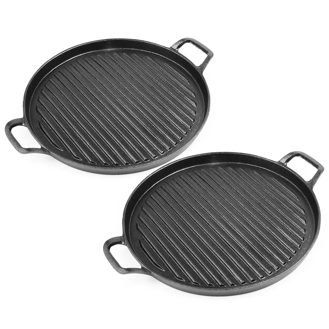 SOGA 2X 28cm Ribbed Cast Iron Frying Pan Skillet Coating Steak Sizzle Platter