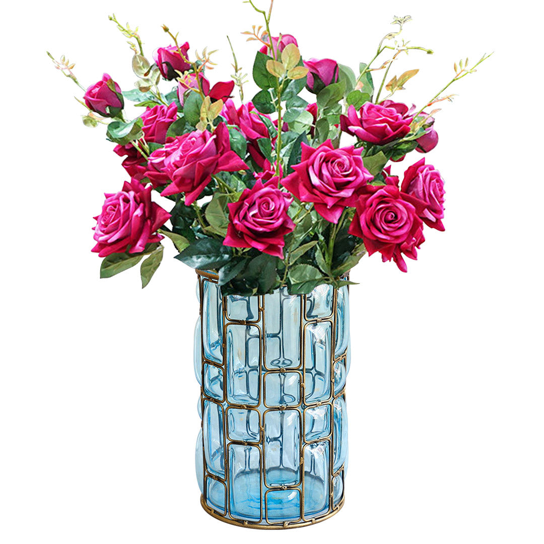 SOGA Blue Glass Cylinder Flower Vase with 8 Bunch 5 Heads Artificial Fake Silk Rose Home Decor Set