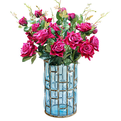 SOGA Blue Glass Cylinder Flower Vase with 8 Bunch 5 Heads Artificial Fake Silk Rose Home Decor Set