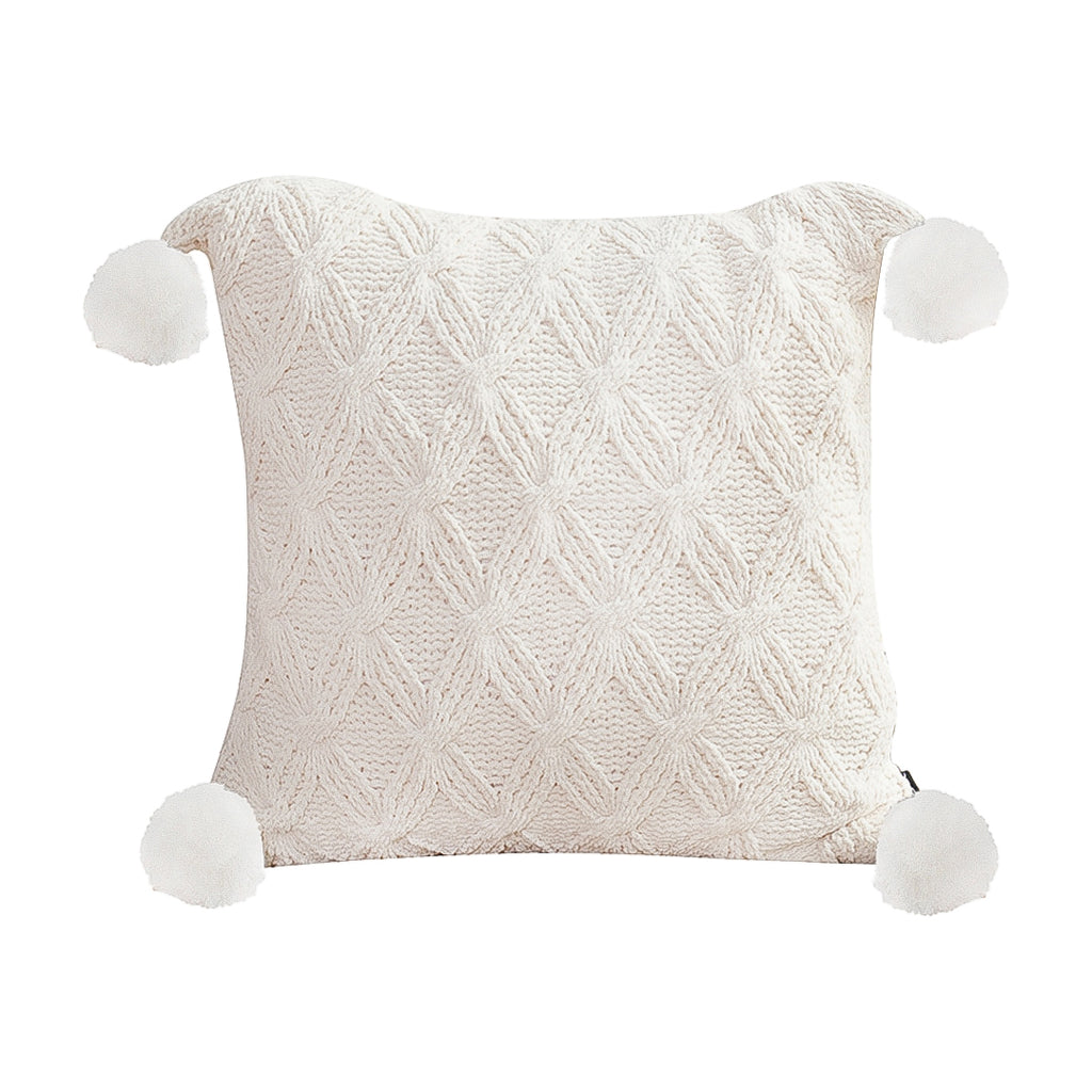 SOGA 45cm Luxurious Ivory Diamond Knit Throw Pillowcase with Pom Poms