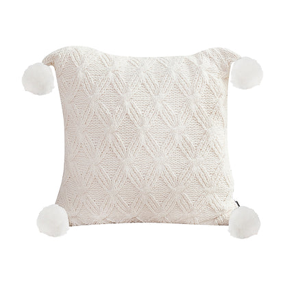 SOGA 45cm Luxurious Ivory Diamond Knit Throw Pillowcase with Pom Poms
