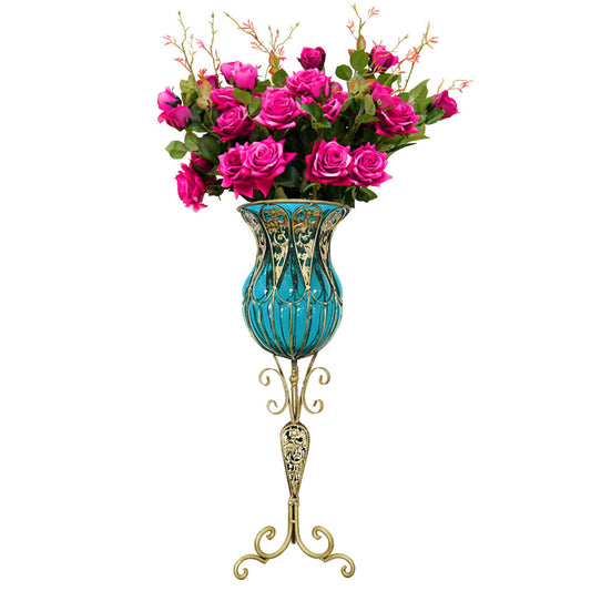 SOGA 85cm Blue Glass Tall Floor Vase and 12pcs Dark Pink Artificial Fake Flower Set