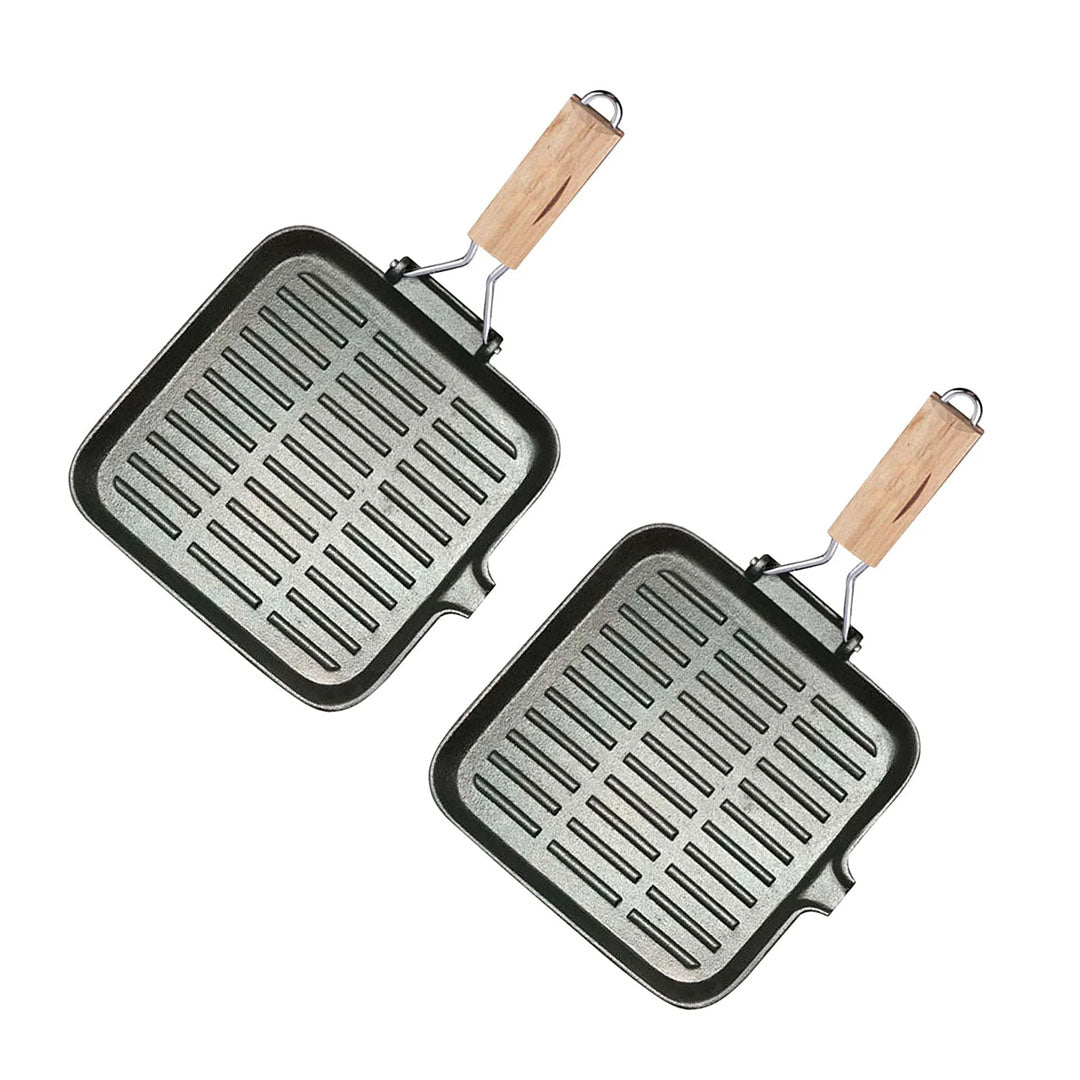 SOGA 2X 28cm Ribbed Cast Iron Square Steak Frying Grill Skillet Pan with Folding Wooden Handle