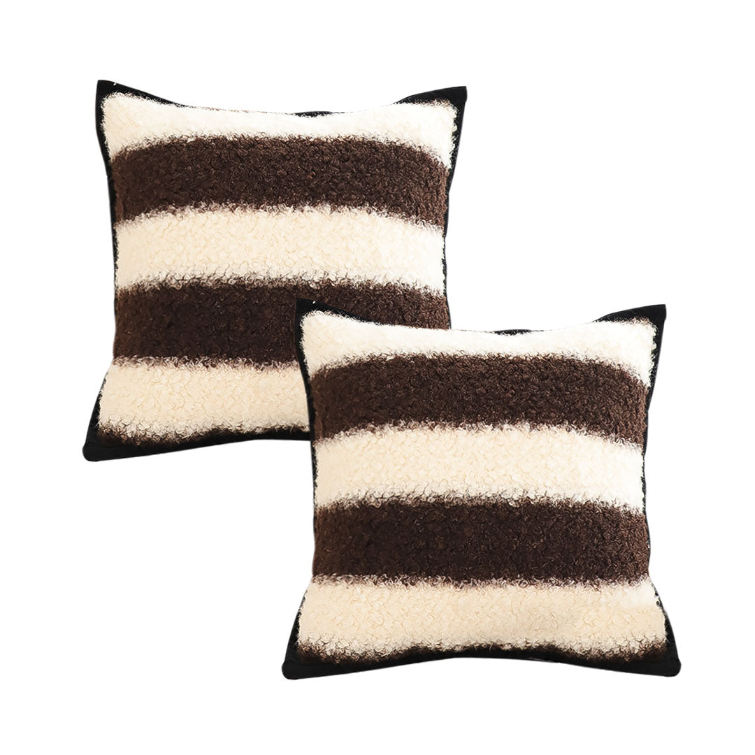 SOGA 2X 45cm Cozy Brown & Cream Striped Bouclé Square Pillowcase