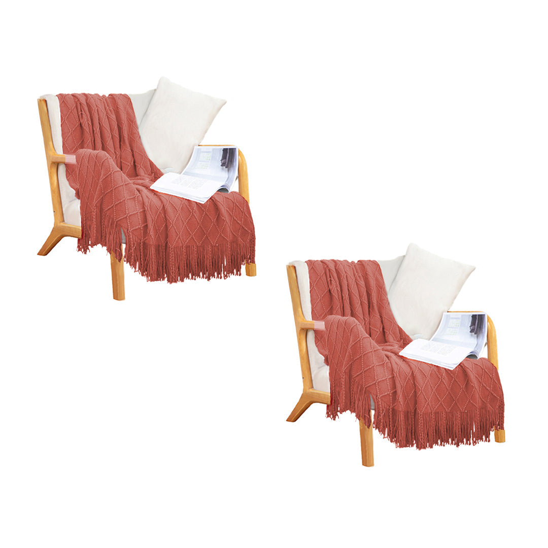 SOGA 2X Diamond Pattern Knitted Throw Blanket – Warm Cozy Woven Cover with Tassels for Couch, Bed, Sofa, Home Decor, Red