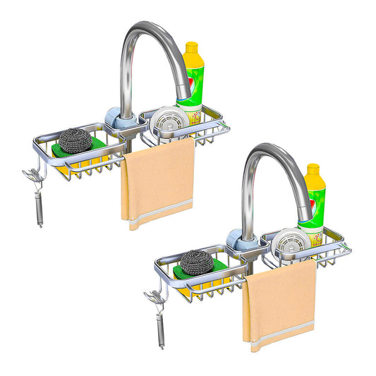 SOGA 2X Silver Kitchen Sink Organiser Faucet Soap Sponge Caddy Rack Drainer with Towel Bar Holder