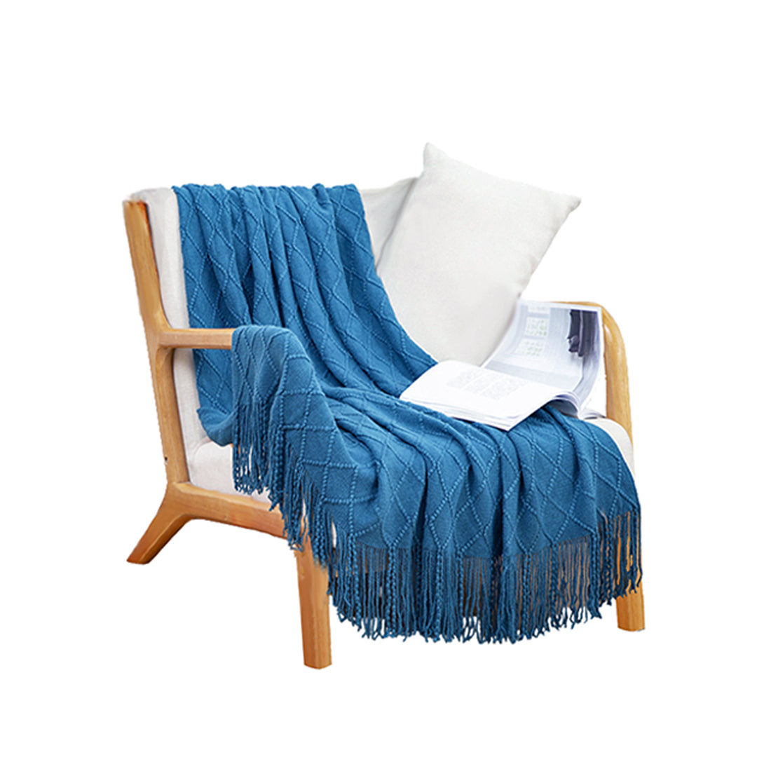 SOGA Knitted Throw Blanket – Warm Cozy Woven Cover with Diamond Pattern & Tassels for Couch, Bed, Sofa, Home Decor, Blue
