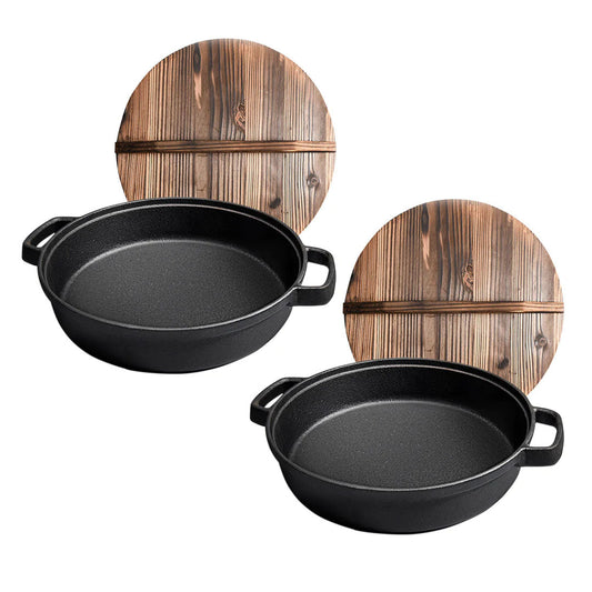 SOGA 2X 29cm Round Cast Iron Pre-seasoned Deep Baking Pizza Frying Pan Skillet with Wooden Lid