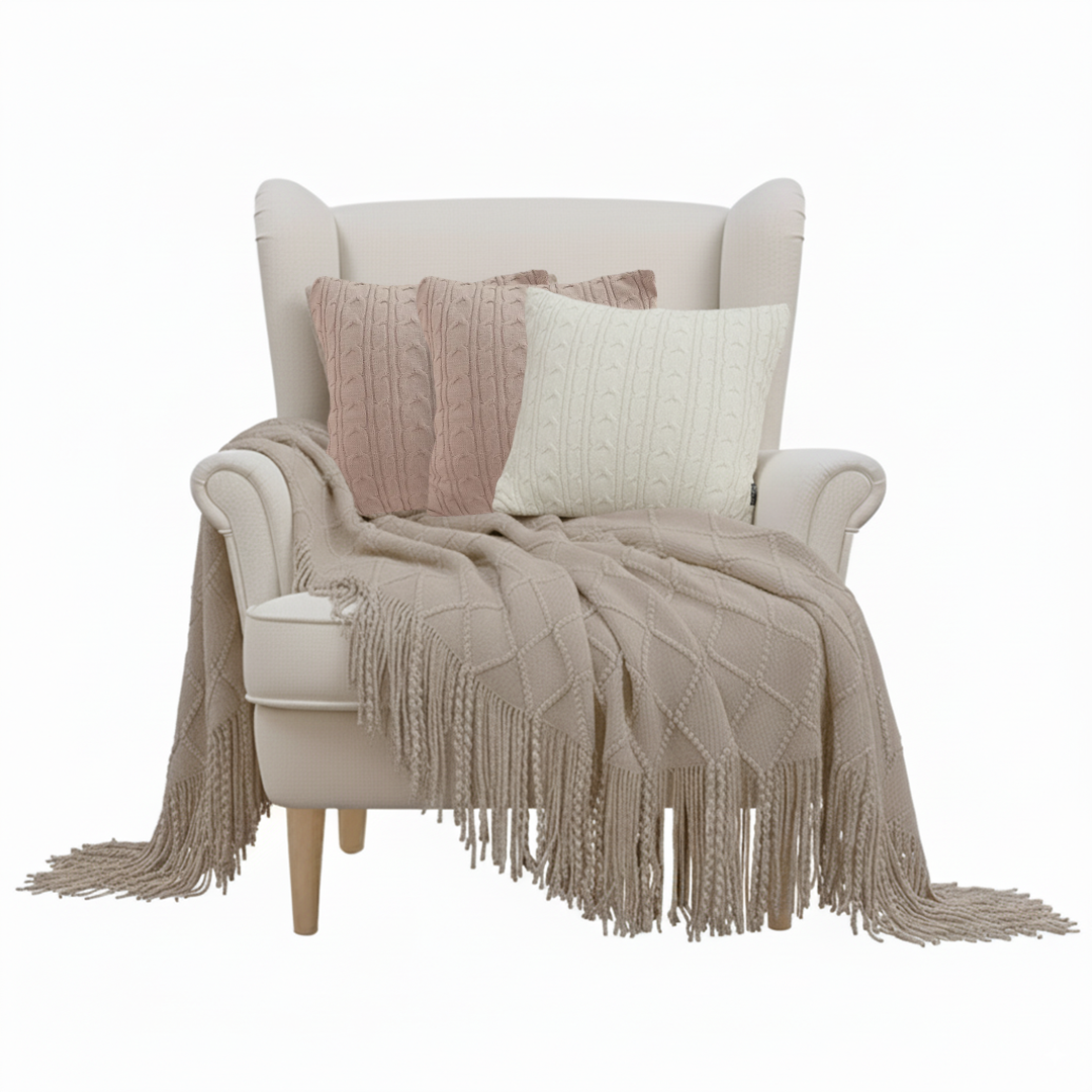 SOGA 4PC Set – Coffee Diamond Knitted Throw with Tassels + Dusty Rose & Cream Cable Knit Pillowcases – Cozy Decor