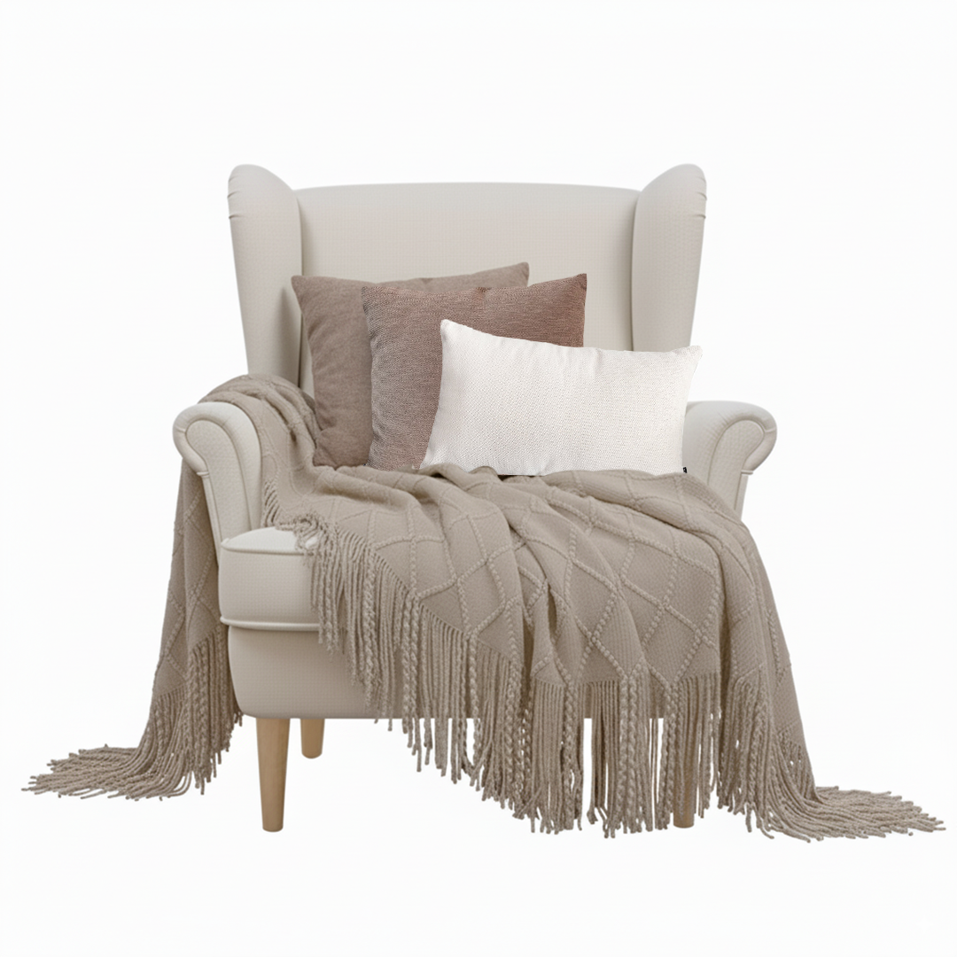 SOGA 4PC Set – Coffee Diamond Knitted Throw with Tassels + Brown Pillowcases & White Lumbar Pillow – Cozy Stylish Decor
