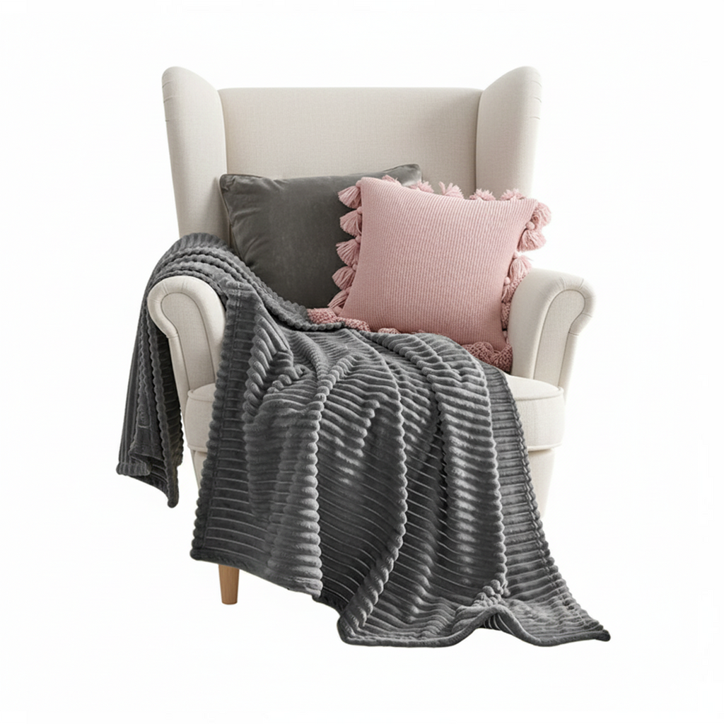 SOGA 3PC Cozy Set – Gray Striped Flannel Throw Blanket with Pillow Covers (Velvet Dove Gray + Soft Pink Pom-Pom Design)