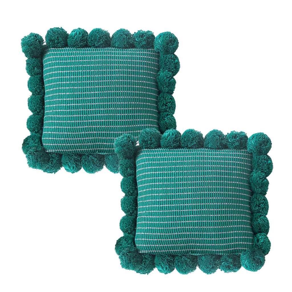SOGA 2X 45cm Teal Ribbed Pillow Covers with Pom Poms – Soft Decorative Cushion Cases for Sofa, Bed & Home Décor