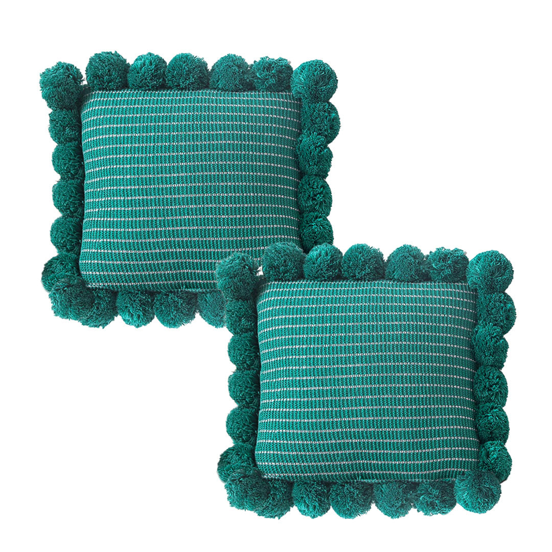 SOGA 2X 45cm Teal Ribbed Pillow Covers with Pom Poms – Soft Decorative Cushion Cases for Sofa, Bed & Home Décor
