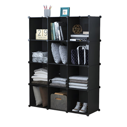 SOGA 4 Tier 12-Cube Black Portable Wardrobe Divide-Grid Modular Storage Organiser Foldable Closet