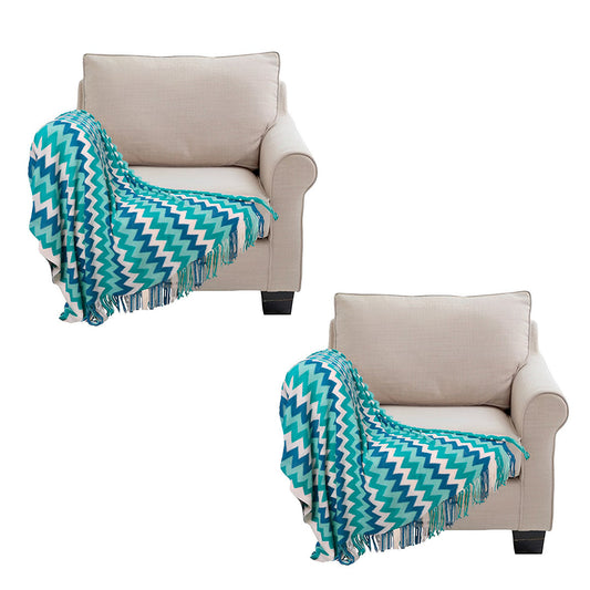 SOGA 2X 170cm Blue Zigzag Striped Throw Blanket Acrylic Wave Knitted Fringed Woven Cover Couch Bed Sofa Home Decor