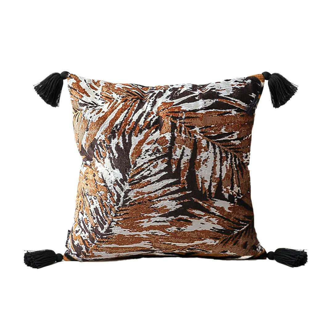 SOGA 45cm Velvet Brown/Black/Ivory Leaf Print Polyester Cushion Cover with Tassels