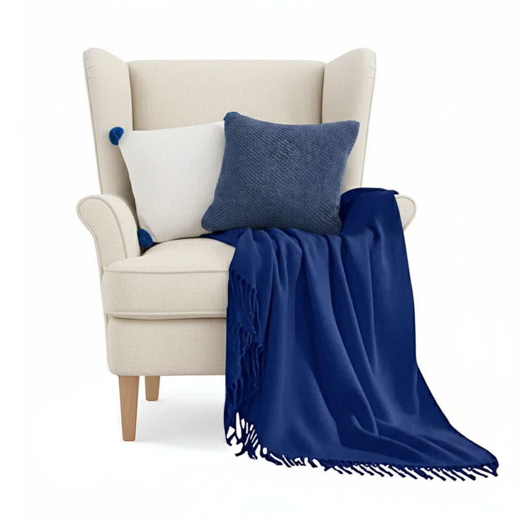 SOGA 3PC Cozy Set – Royal Blue Knit Throw Blanket with Decorative Pillow Covers (Textured Navy & Cream Ribbed Pom-Pom Design)