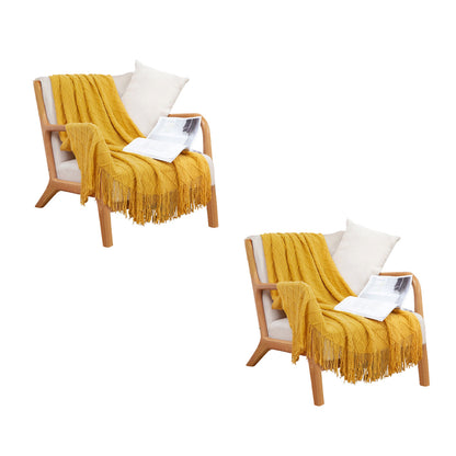 SOGA 2X Yellow Diamond Pattern Knitted Throw Blanket Warm Cozy Woven Cover Couch Bed Sofa Home Decor with Tassels