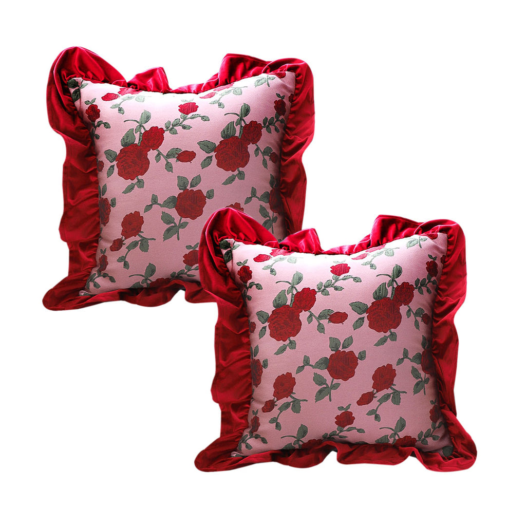 SOGA 2X 45cm Rose Garden Pillow Covers with Burgundy Ruffle – Floral Decorative Cushion Cases for Sofa, Bed & Home Décor