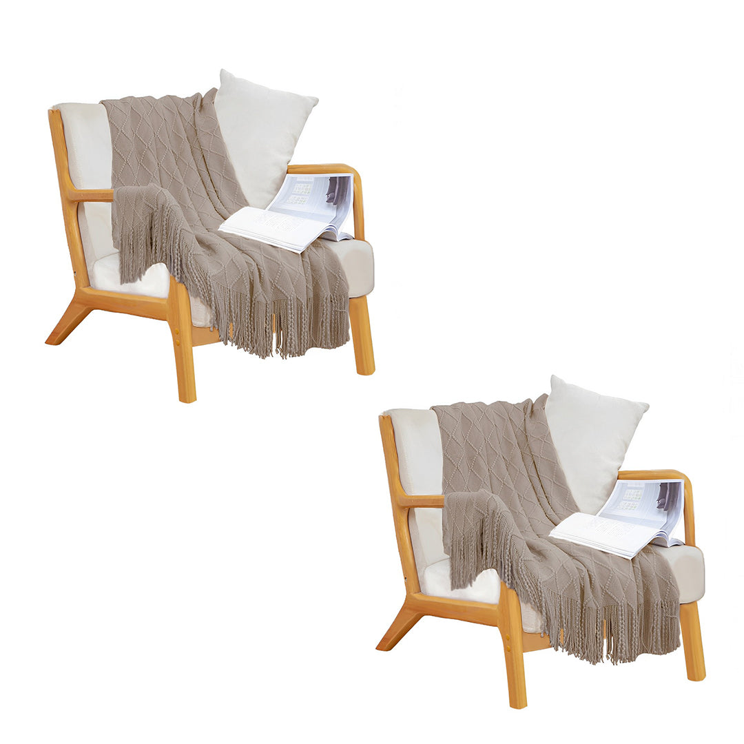 SOGA Set of 2 Acrylic Knitted Throw Blankets – Diamond Pattern, Cozy Woven Covers with Tassels for Couch, Bed, Sofa & Home Decor, Coffee