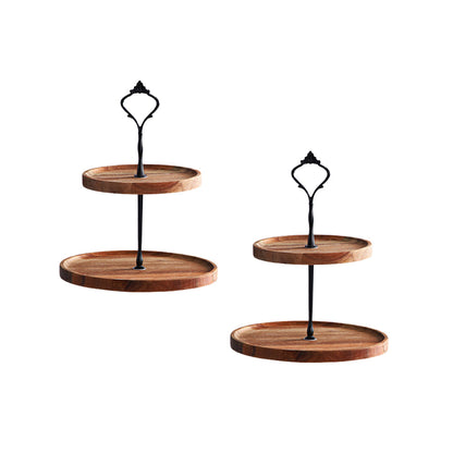 SOGA 2X 20cm 2 Tier Brown  Round Wooden Acacia  Dessert Tray Cake Snacks Cupcake Stand Buffet Serving Countertop Decor2 Tier