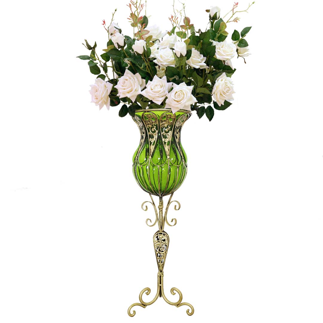 SOGA 85cm Green Glass Tall Floor Vase and 12pcs White Artificial Fake Flower Set