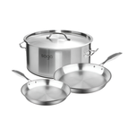 SOGA Essential Cooking Set – Stainless Steel Fry Pans (24cm & 28cm) + 17L Stock Pot, Silver