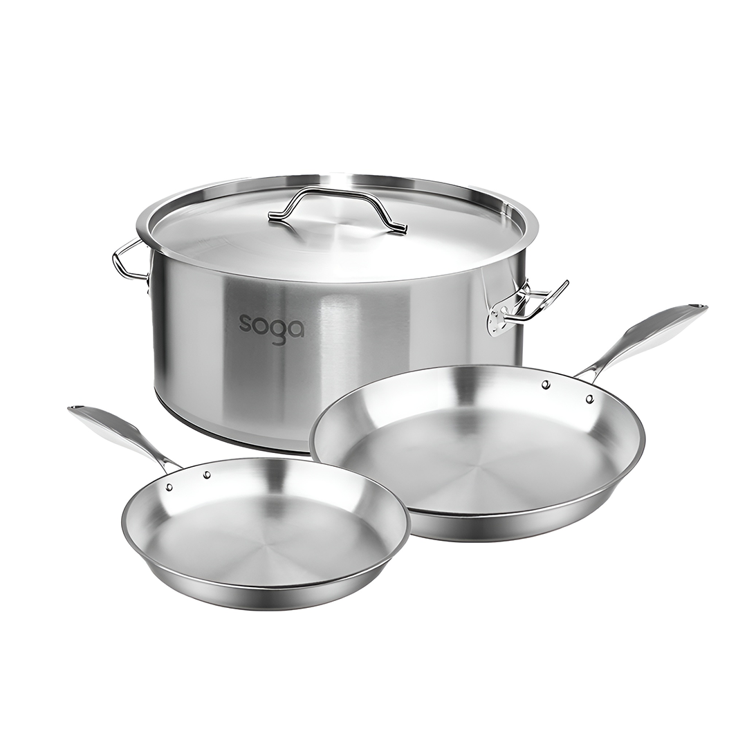 SOGA Essential Cooking Set – Stainless Steel Fry Pans (24cm & 28cm) + 17L Stock Pot, Silver