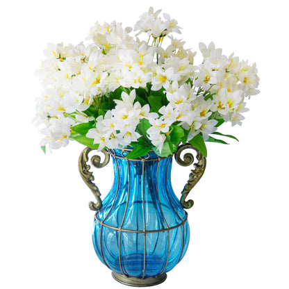 SOGA Blue Colored Glass Flower Vase with 10 Bunch 6 Heads Artificial Fake Silk Lilium nanum Home Decor Set