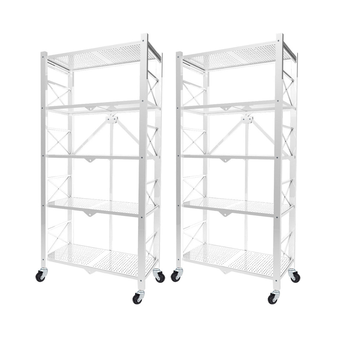 SOGA 2X 5 Tier Steel White Foldable Display Stand Multi-Functional Shelves Portable Storage Organizer with Wheels