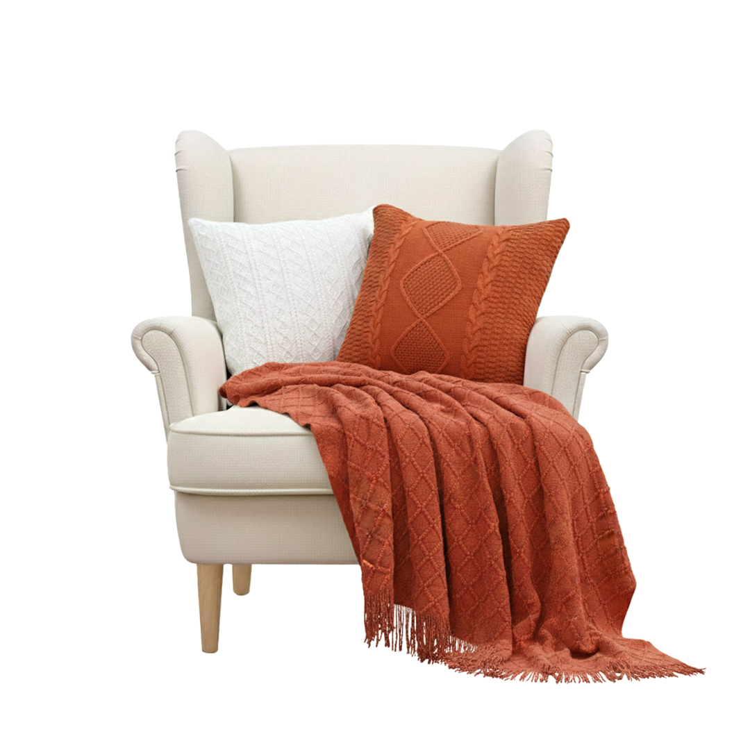 SOGA 3PC Cozy Red Knit Set – Diamond Throw Blanket with Cable Knit Pillow Covers (Diamond & Pure Design)