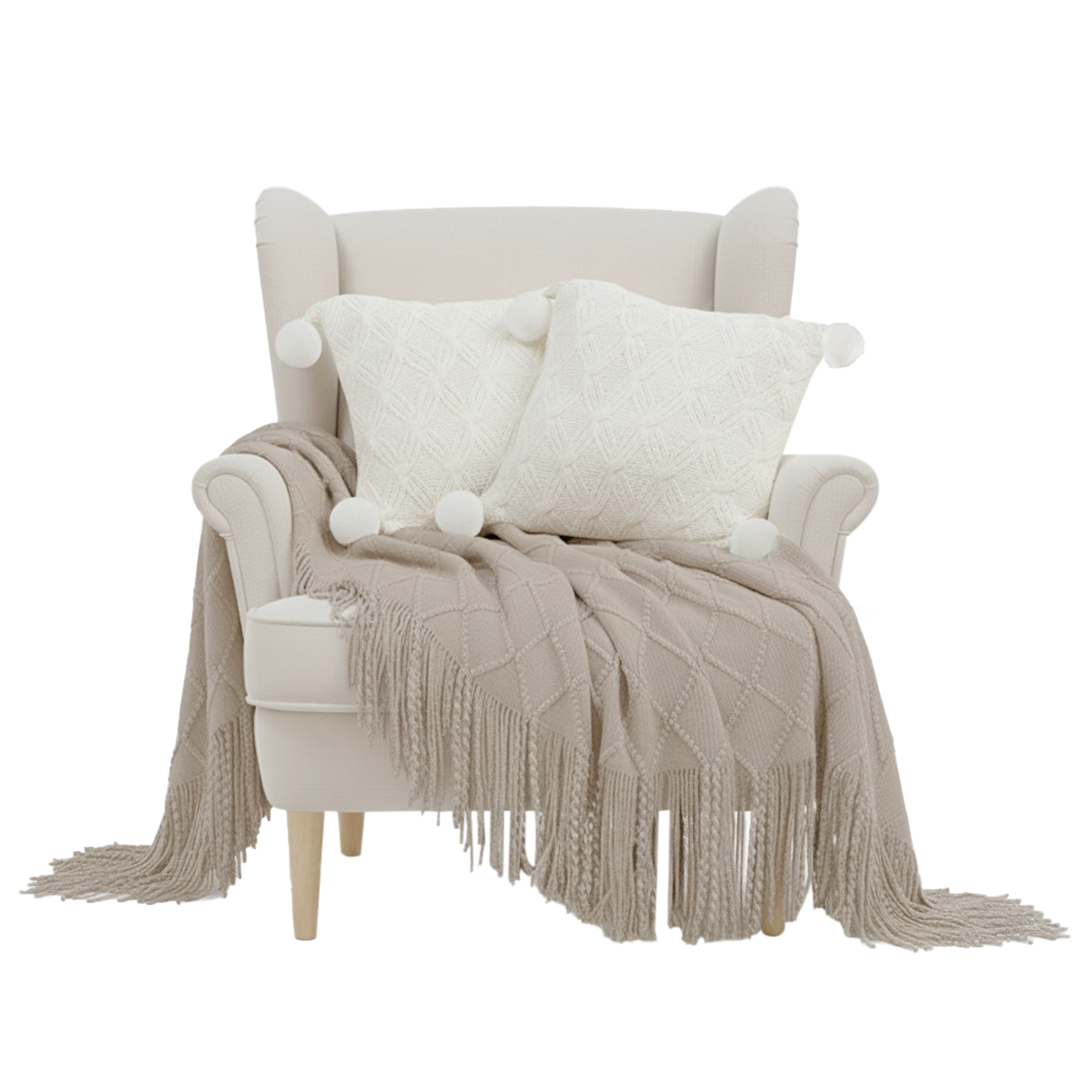 SOGA 3PC Set – Coffee Diamond Knitted Throw with Tassels + Ivory Diamond Knit Pom Pom Pillowcases – Cozy Decor