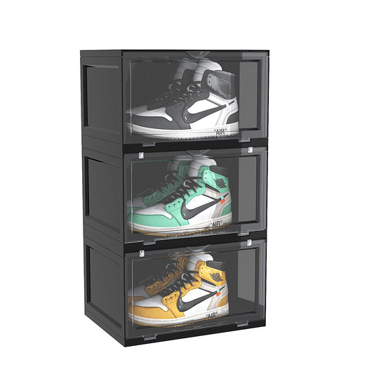 SOGA 3 Tier Black Portable Shoe Organiser Sneaker Footwear Folding Plastic Bin Stackable Storage Box with Magnetic