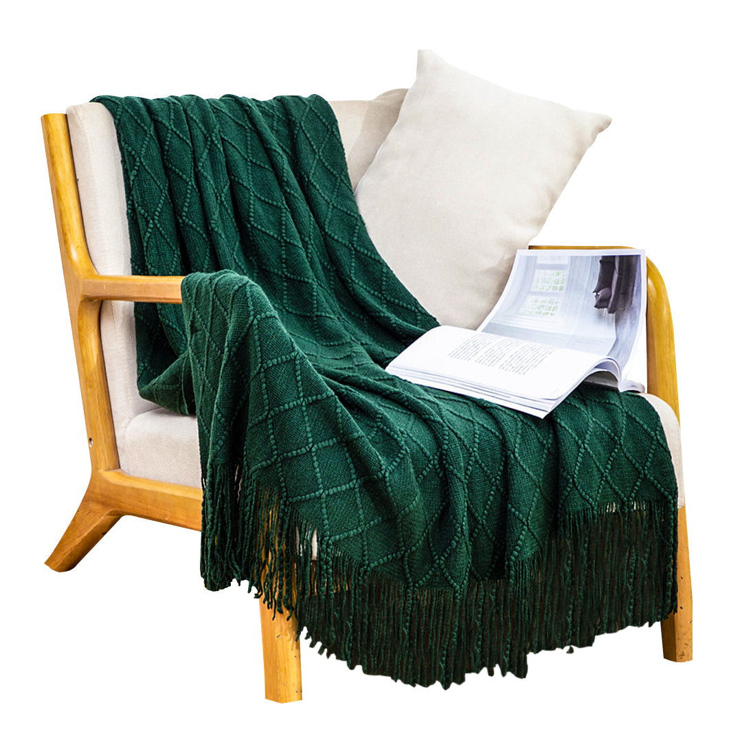 SOGA Diamond Pattern Knitted Throw Blanket – Warm Cozy Woven Cover for Couch, Bed, Sofa & Home Décor with Tassels, Green