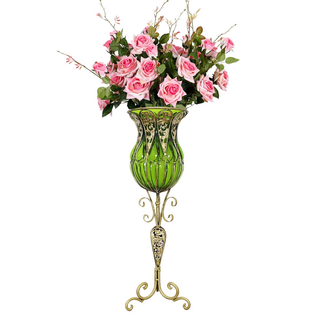 SOGA 85cm Green Glass Tall Floor Vase and 12pcs Pink Artificial Fake Flower Set