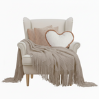 SOGA 4PC Set – Coffee Diamond Knitted Throw with Tassels + Taupe Grid Pillowcases & Heart Plush Pillow – Cozy Neutral Decor