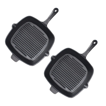 SOGA 2X 26cm Square Ribbed Cast Iron Frying Pan Skillet Steak Sizzle Platter with Handle