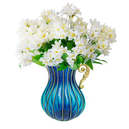 SOGA Blue Colored Glass Flower Vase with 10 Bunch 6 Heads Artificial Fake Silk Lilium nanum Home Decor Set