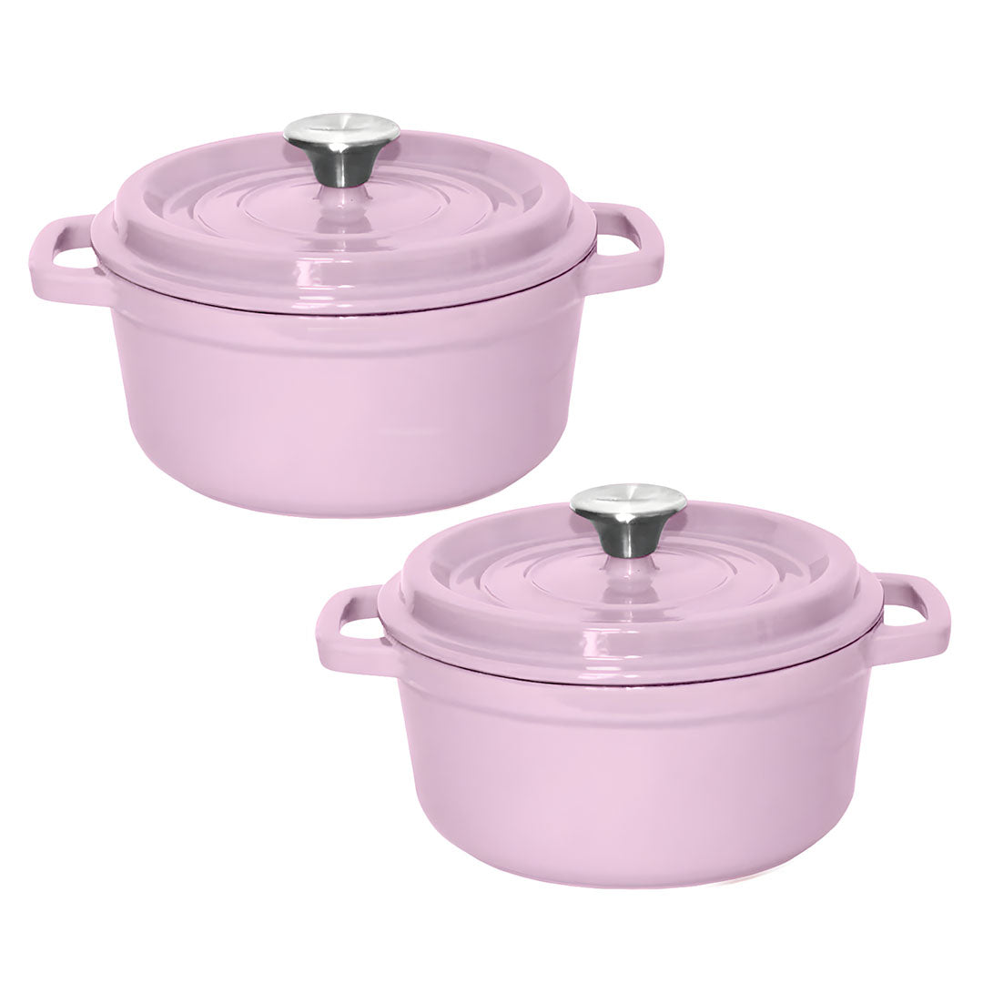 SOGA 2X 24cm Pink Cast Iron Ceramic Stewpot Casserole Stew Cooking Pot With Lid