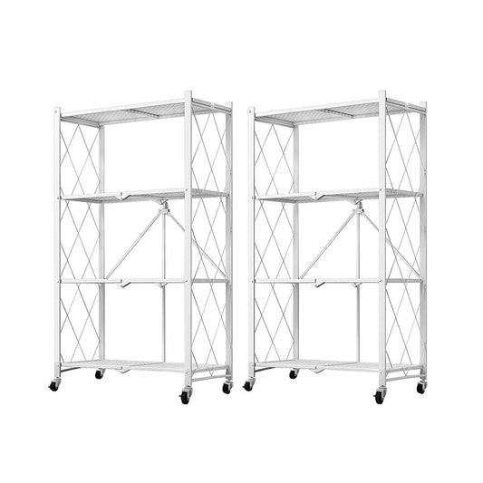 SOGA 2X 4 Tier Steel White Foldable Kitchen Cart Multi-Functional Shelves Portable Storage Organizer with Wheels