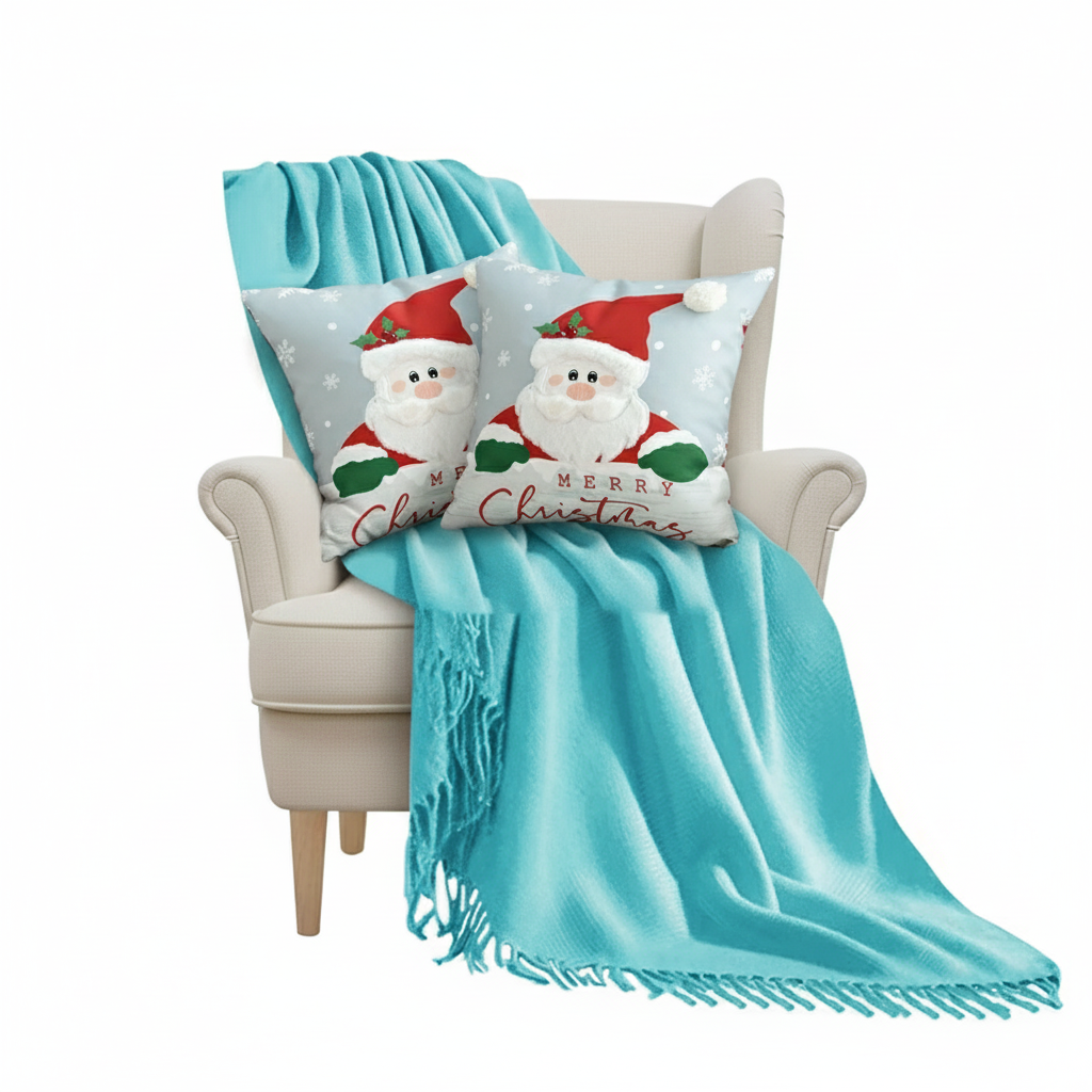 SOGA 4PC Holiday Set – Teal Knit Throw Blanket with Christmas & Light Blue Pom-Pom Pillow Covers