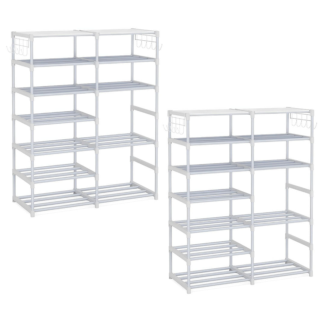 SOGA 2X 12-Shelf Tier Shoe Storage Shelf Space-Saving Caddy Rack Organiser with Side Hooks White