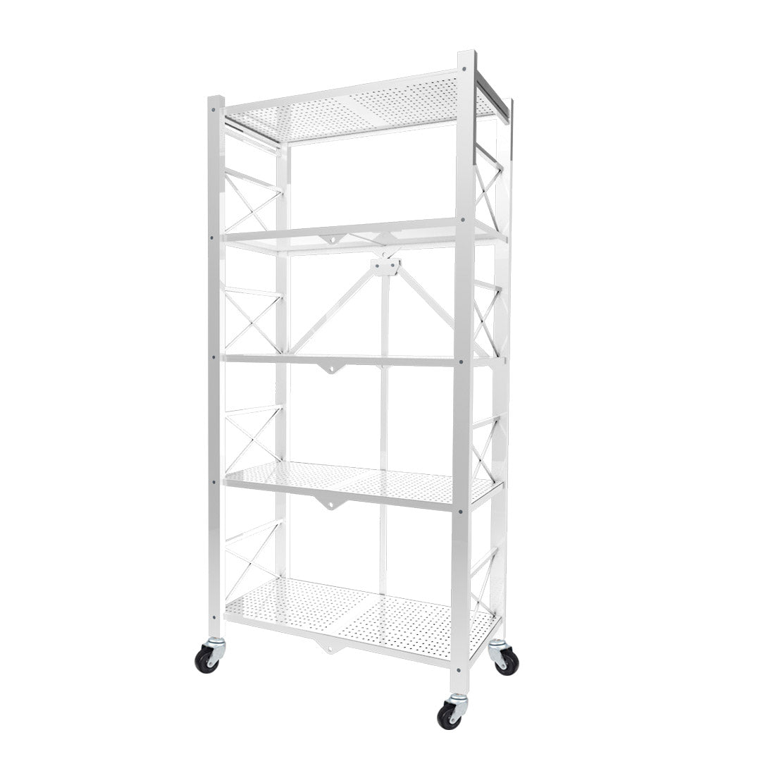 SOGA 5 Tier Steel White Foldable Display Stand Multi-Functional Shelves Portable Storage Organizer with Wheels