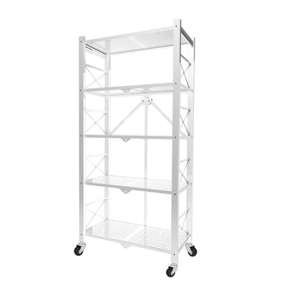 SOGA 5 Tier Steel White Foldable Display Stand Multi-Functional Shelves Portable Storage Organizer with Wheels