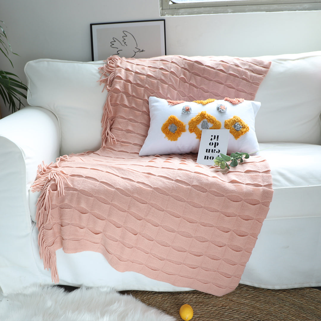 SOGA 2X Pink Textured Knitted Throw Blanket Warm Cozy Woven Cover Couch Bed Sofa Home Decor with Tassels