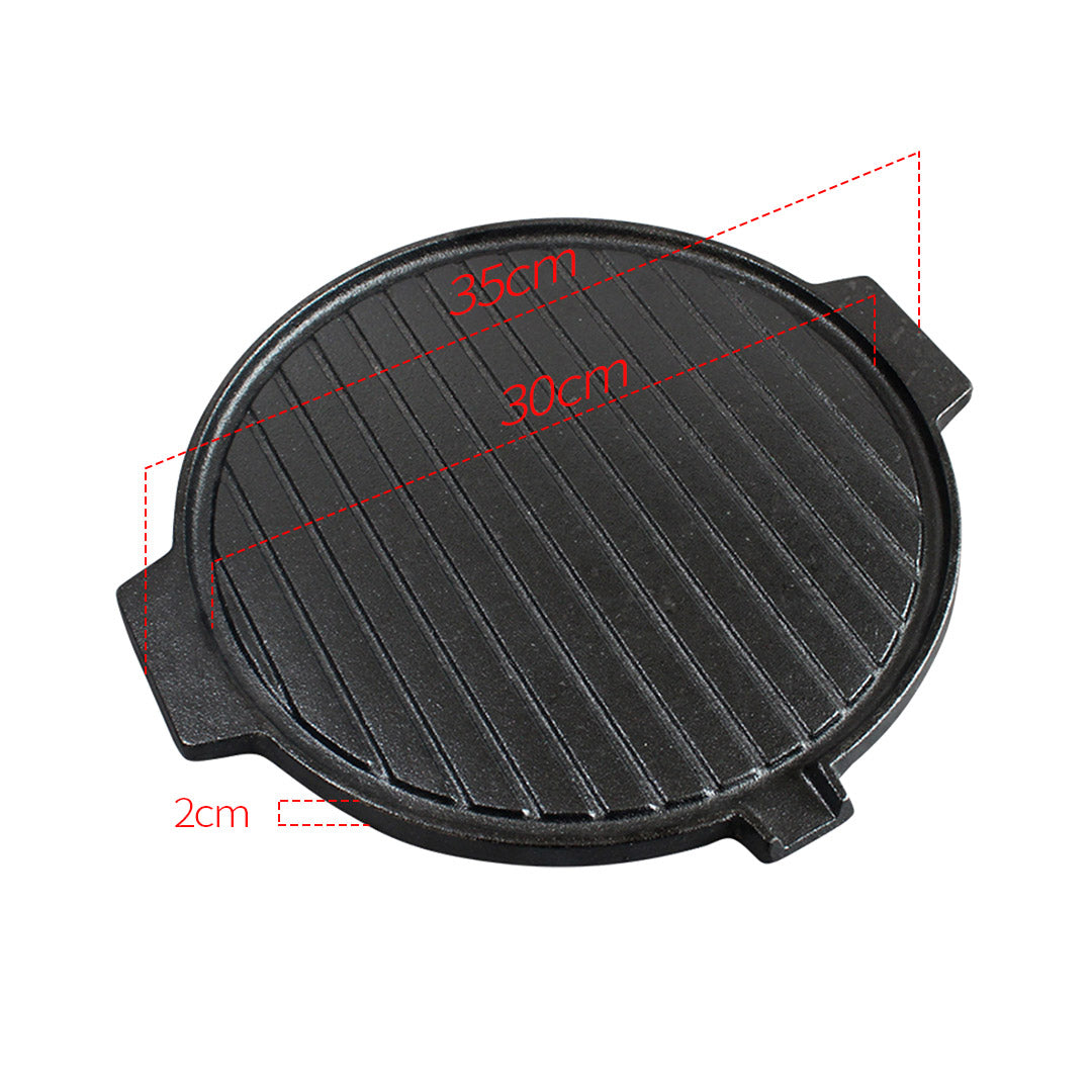 SOGA 30CM Round Cast Iron Korean BBQ Grill Plate with Handles and Drip Lip