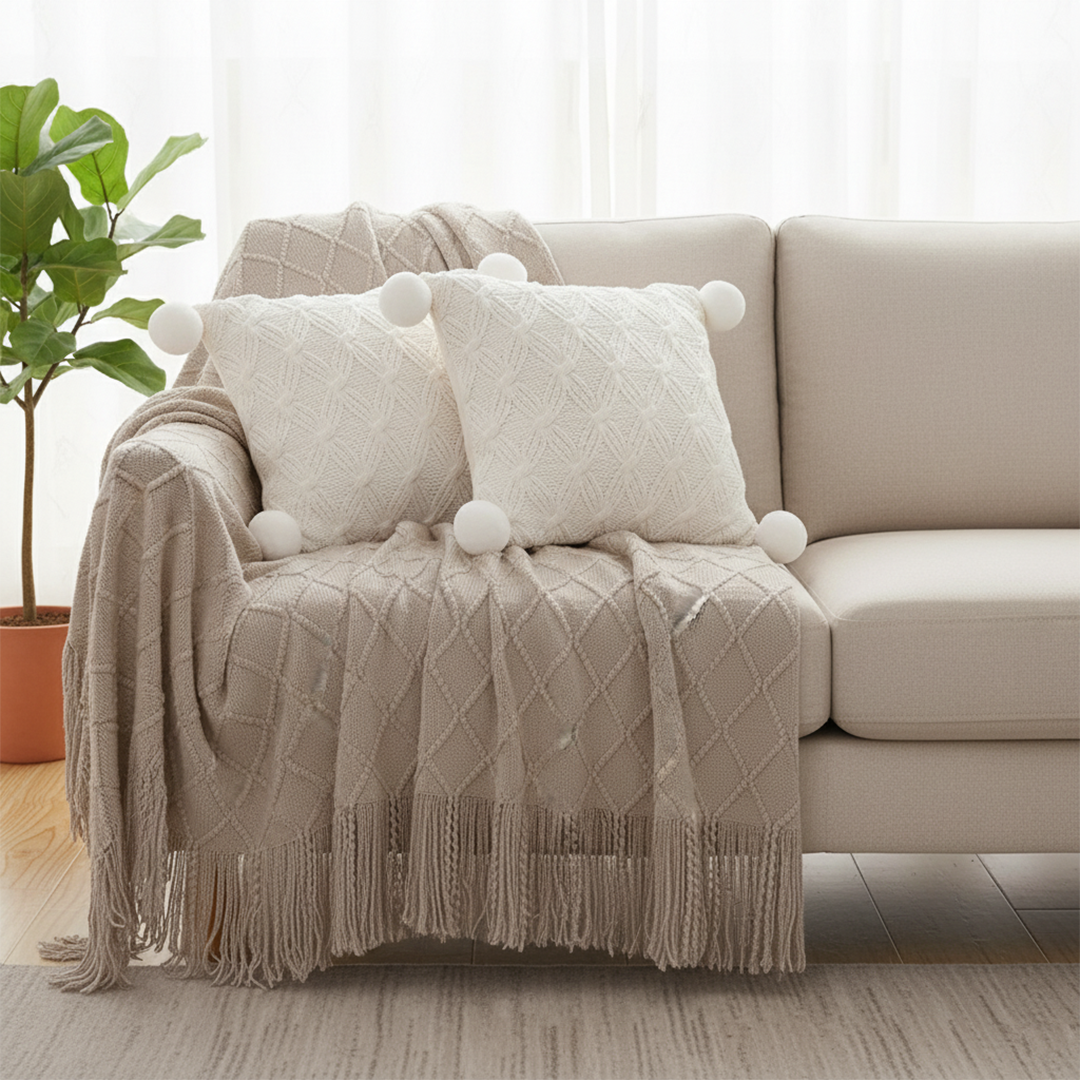 SOGA 3PC Set – Coffee Diamond Knitted Throw with Tassels + Ivory Diamond Knit Pom Pom Pillowcases – Cozy Decor