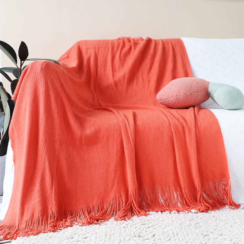 SOGA 2-Pack Acrylic Knitted Throw Blankets – Warm Cozy Woven Couch & Bed Covers with Fringes, Home Decor, Orange